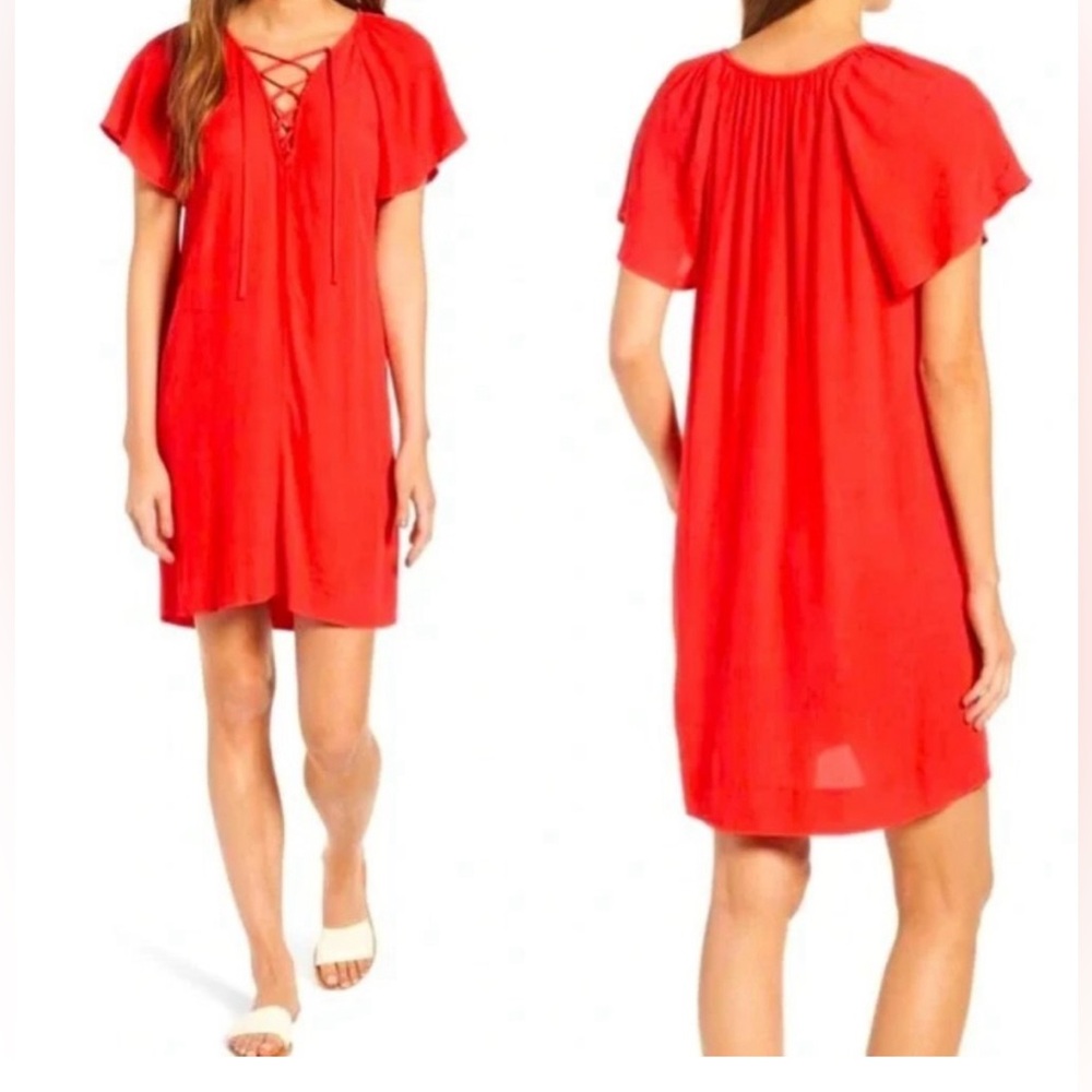 Madewell Flutter Sleeve Lace Up Dress Size Med Short Sleeve Mini Red